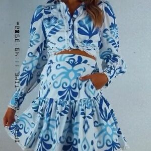 Blue and White Patterned Skirt Set